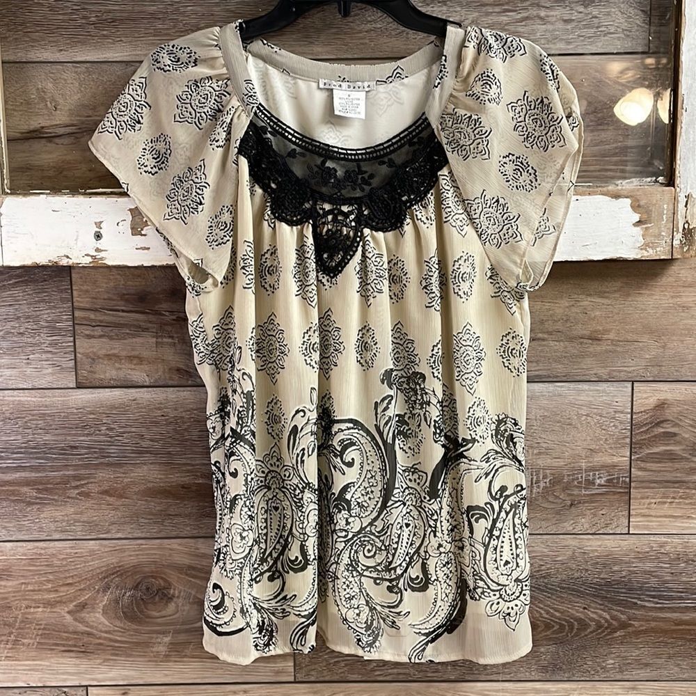 Fred David Ladies Sheer Dress Top, Size Small, Beige&Black Paisley Floral Print